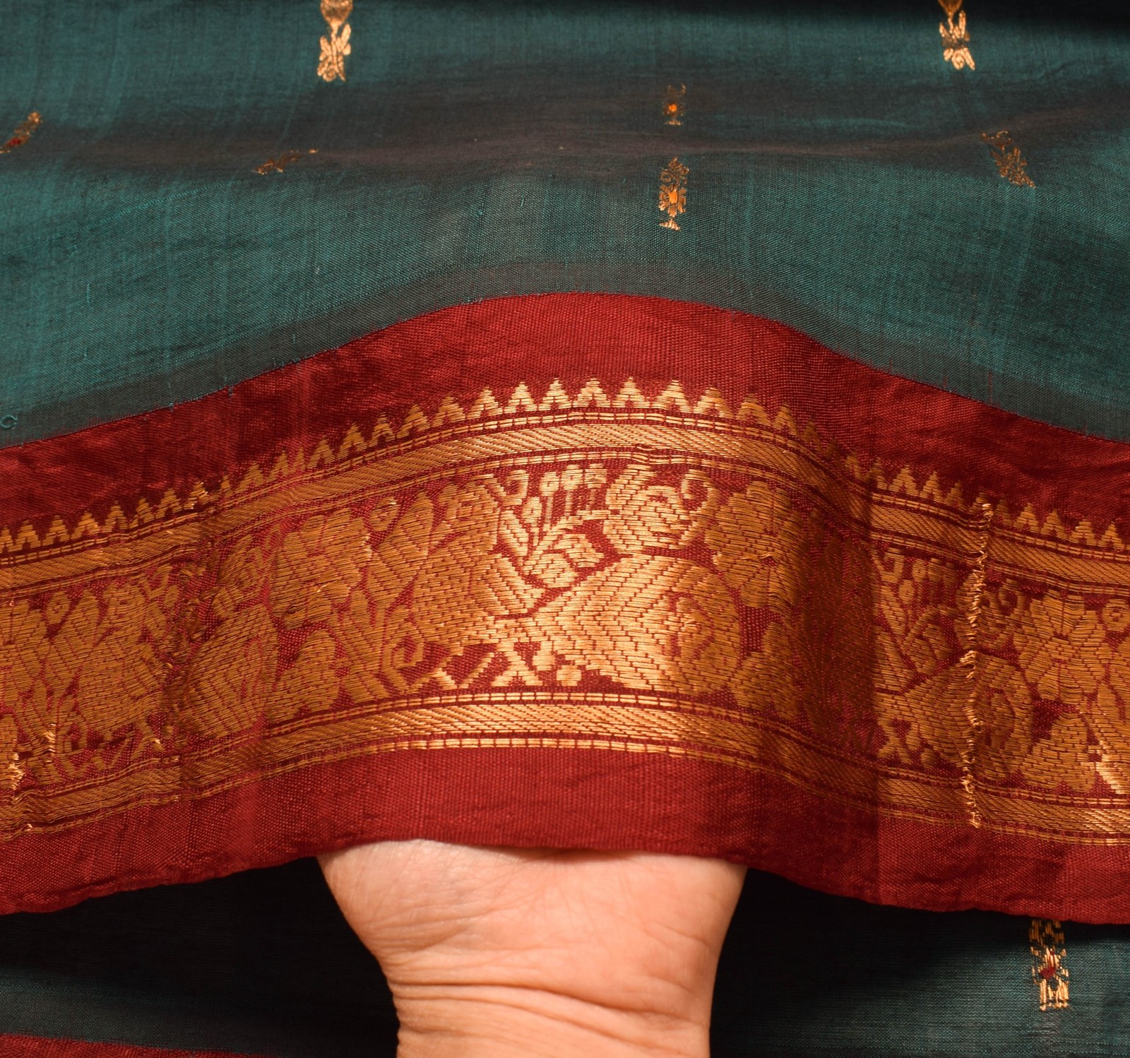 Sushila Vintage Teal Green & Maroon Saree Pure Cotton Zari Brocade Sari Fabric