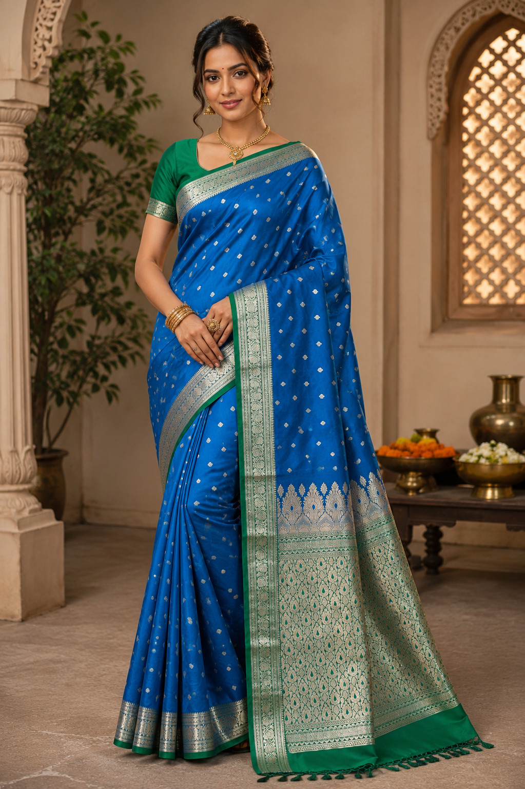 Royal Blue Banarasi Silk Saree – Golden Zari Woven Border, Festive Indian Wear