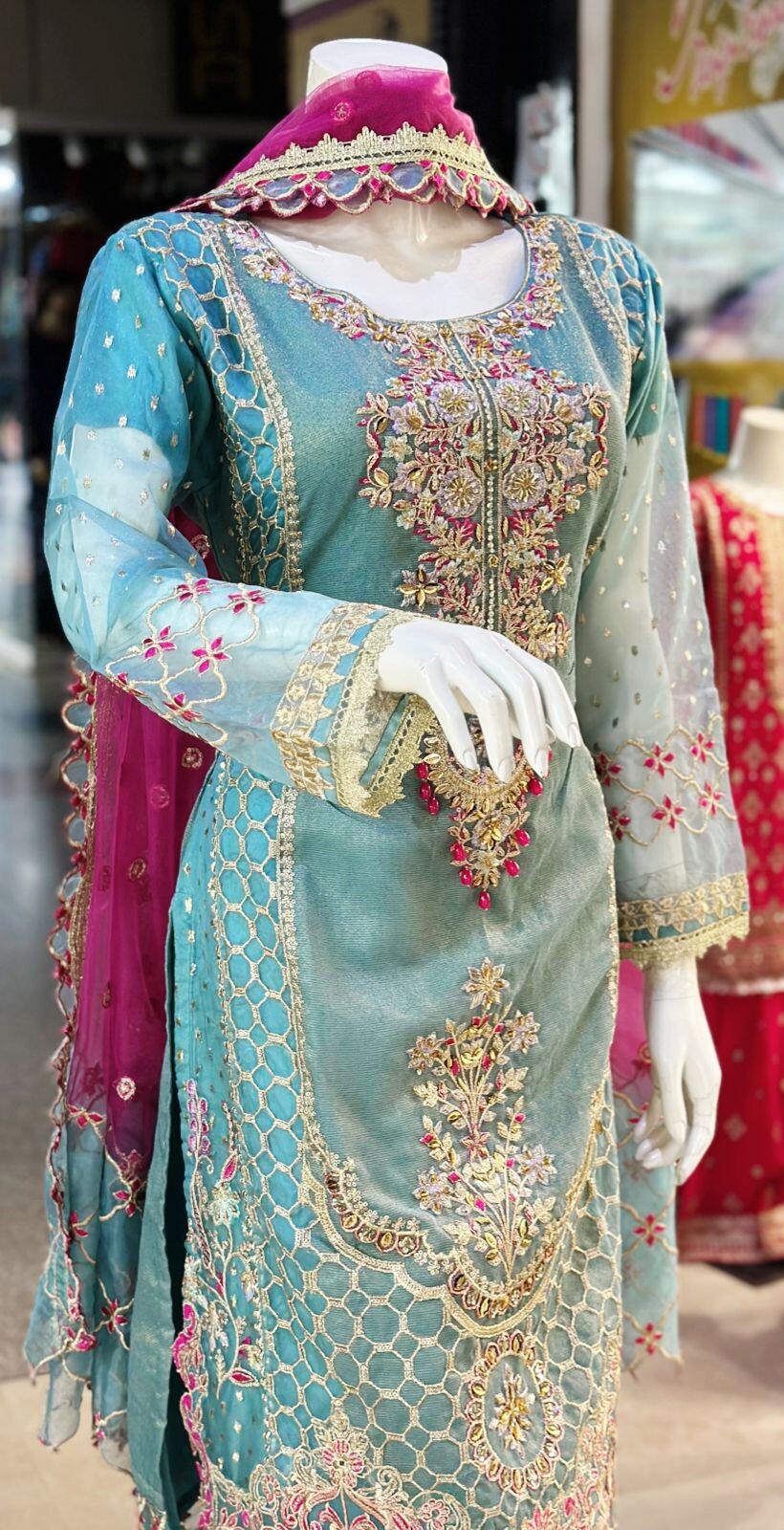 Pakistani Readymade Collection Embroided Handwork Shirt With Gharara On Organza