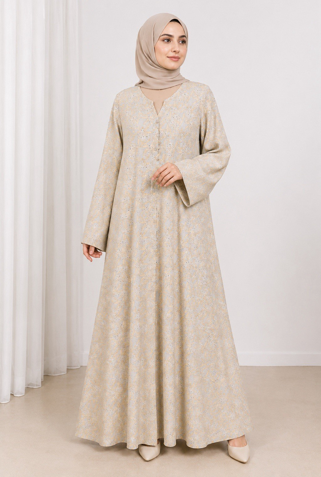 Handmade Women’s Beige Floral Printed A-Line Abaya Full Length V-Neck OS