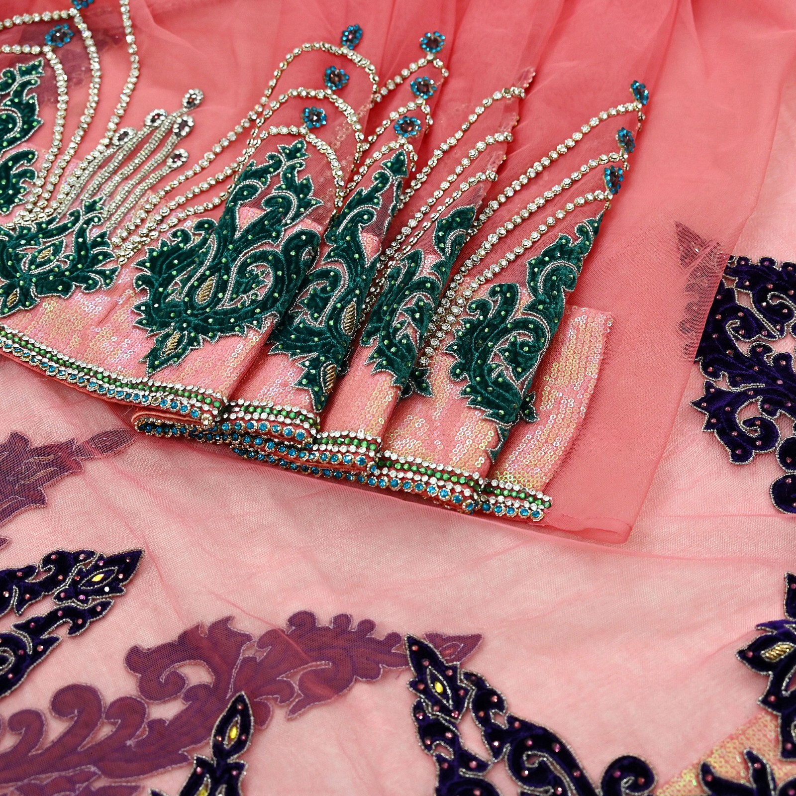 Vintage Heavy Sari Peach Net/Mesh Hand Embroidered Sarees Craft Fabric 5Yd