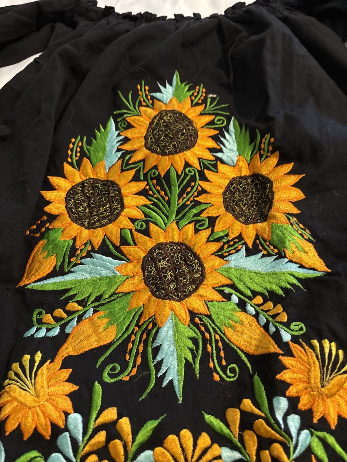 Handmade Embroidered Mexican Sunflower Blouse – Size S Off Shoulder