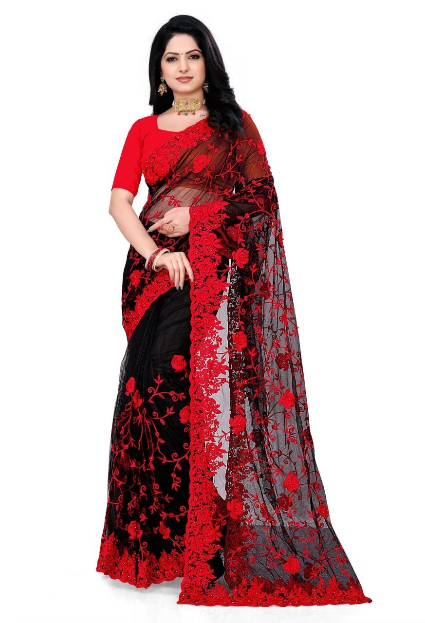 Woven, Embroidered Bollywood Net Saree (Red, Black)
