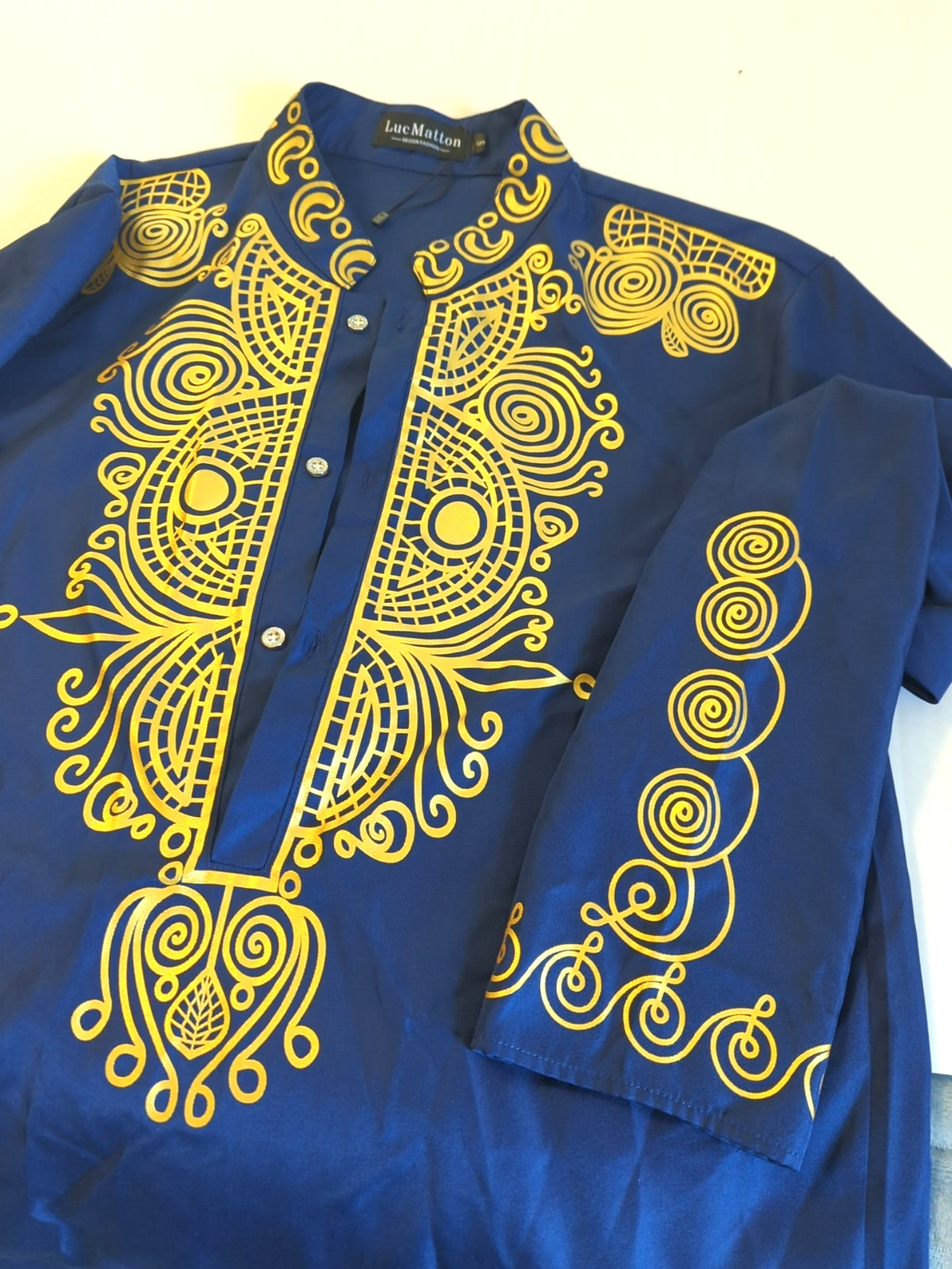 New LUC MATTON Tunic Shirt Men S African DASHIKI Tribal Blue Gold Long Sleeve