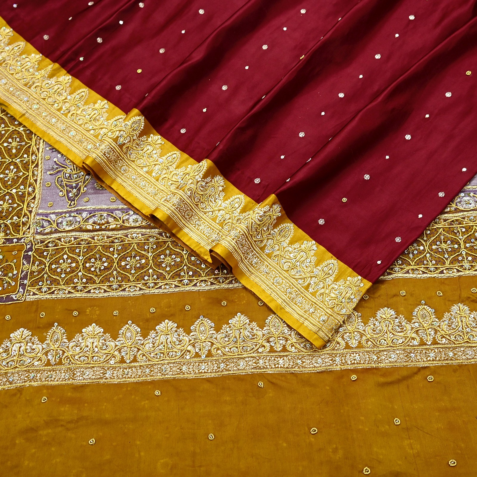 Vintage Heavy Saree Pure Satin Silk Hand Embroidered Banarsi Brocade Sari Dabka