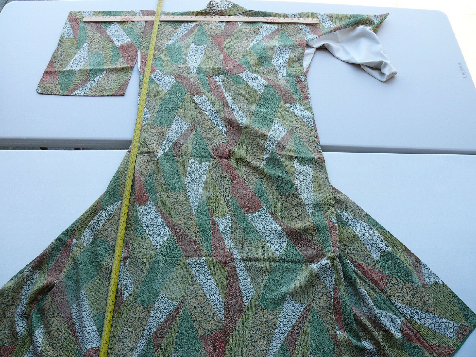 100% SILK WEDDING KOMON:Unique Abstract/Tsunami WAVE GREEN EATHY RED@F23a