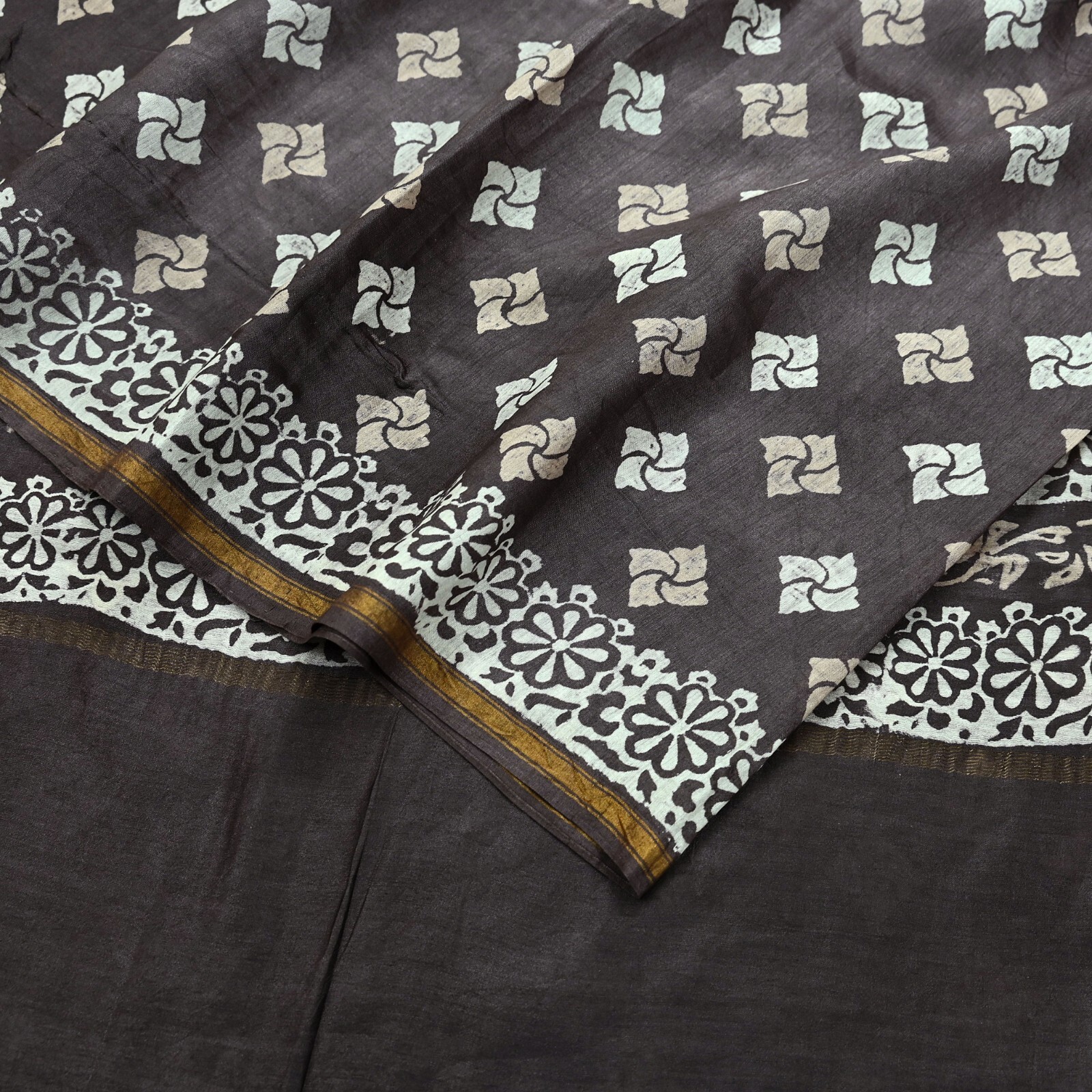 Indian Vintage Sari Brown & Ivory Pure chanderi Silk Block Printed Sarees Fabric