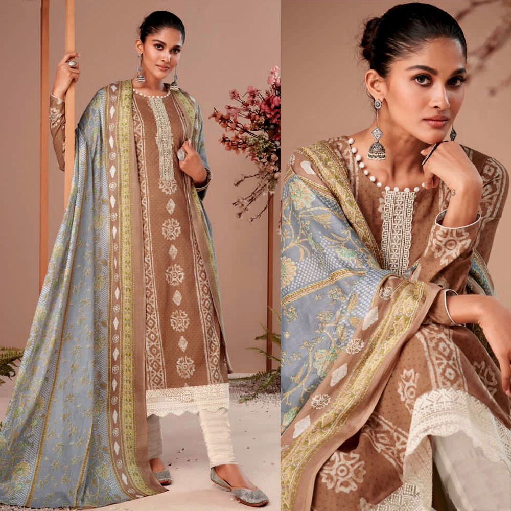 LT BROWN BATIK PRINTED COTTON INDIAN PAKISTANI READYMADE SALWAR KAMEEZ SUIT SNJ