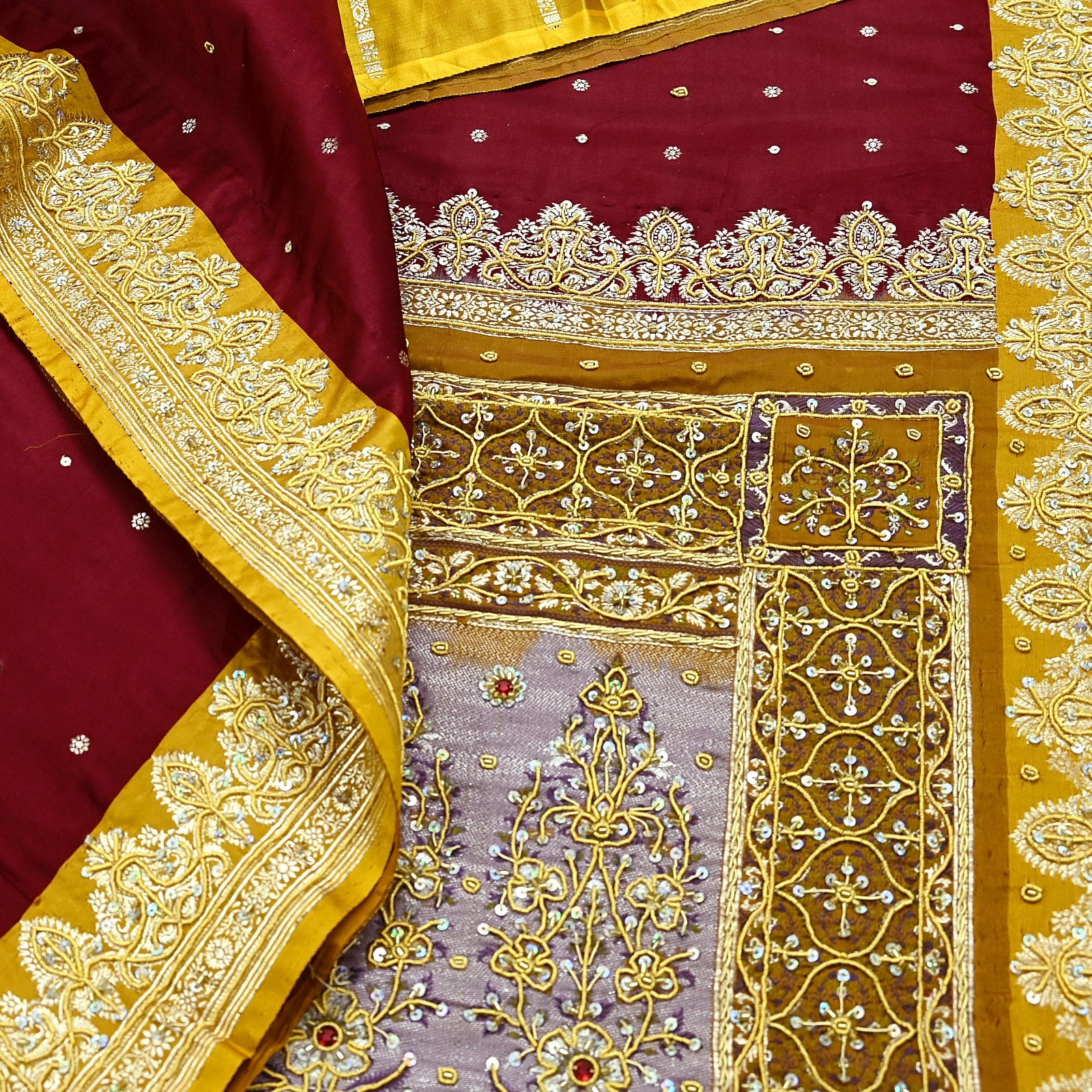 Vintage Heavy Saree Pure Satin Silk Hand Embroidered Banarsi Brocade Sari Dabka