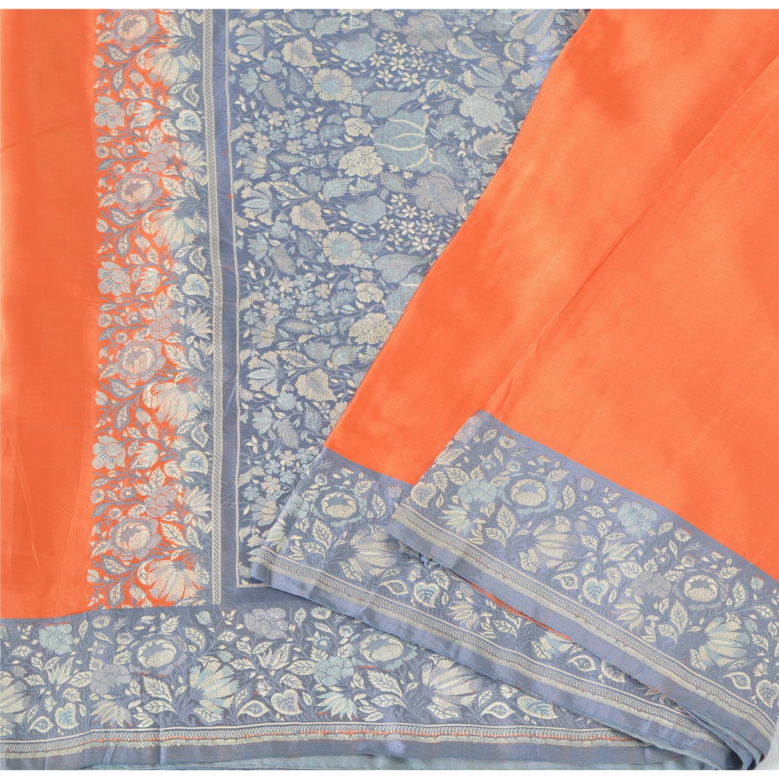 Sanskriti Vintage Orange Sarees Pure Satin Silk Banarasi Hand Woven Sari/Fabric