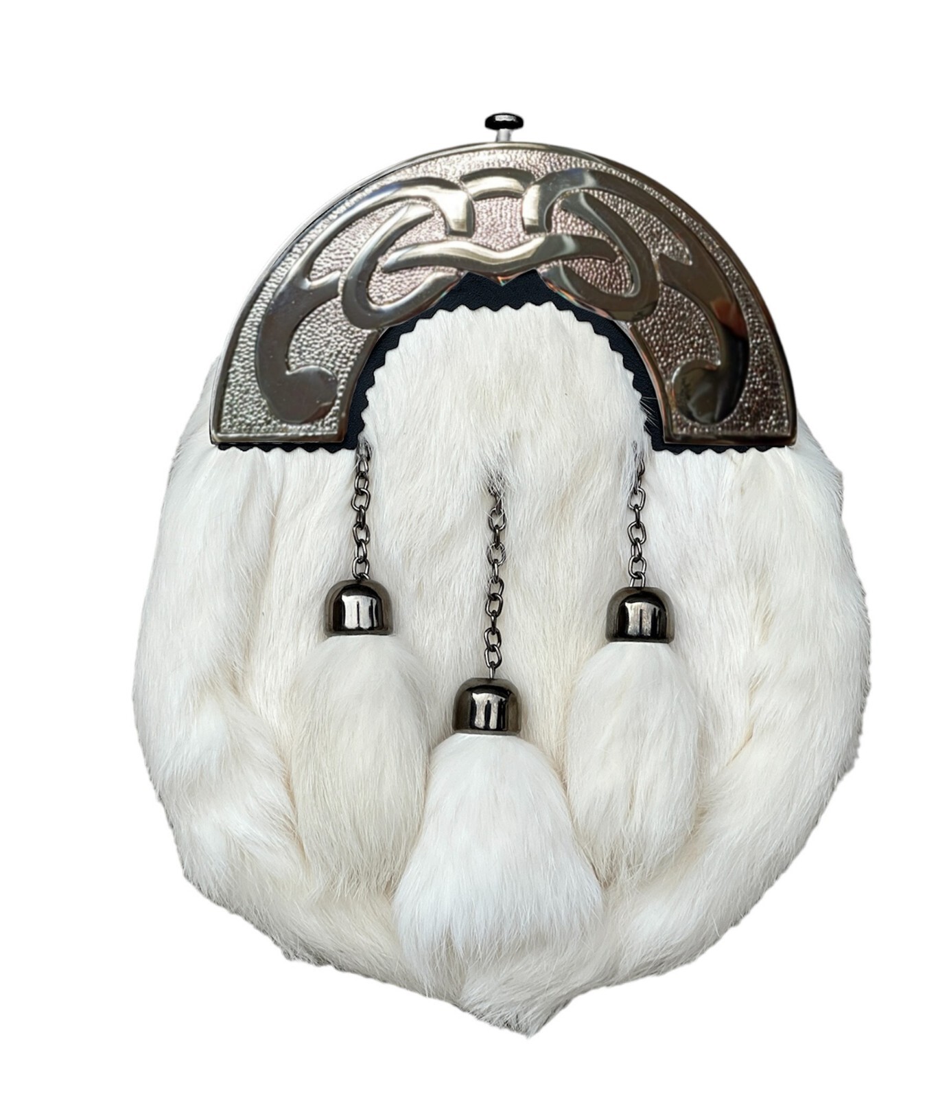 Men’s Scottish Chrome White Fur Sporran 3 Tassels Kilt Sporran With Chain Belt