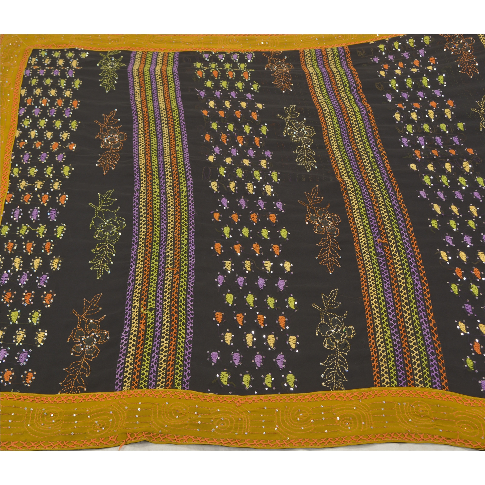 Sanskriti Vintage Black Sarees Georgette Hand Beaded Kantha Premium Sari Fabric