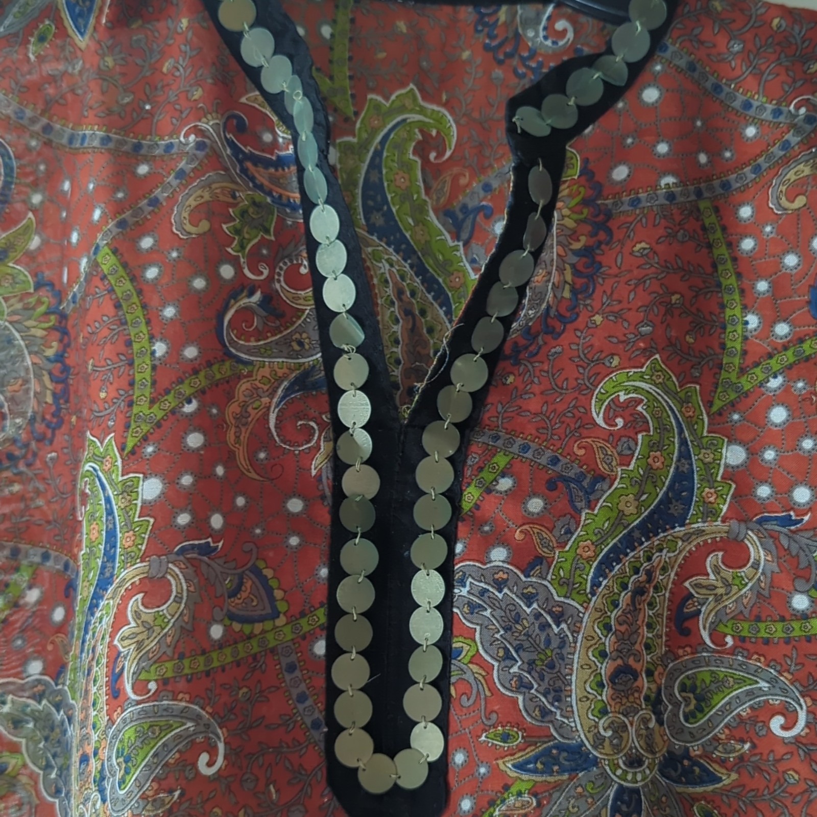 Handmade Women’s Orange red Paisley Kurta Tunic V-Neck Mirror Trim 3/4 Sleeve