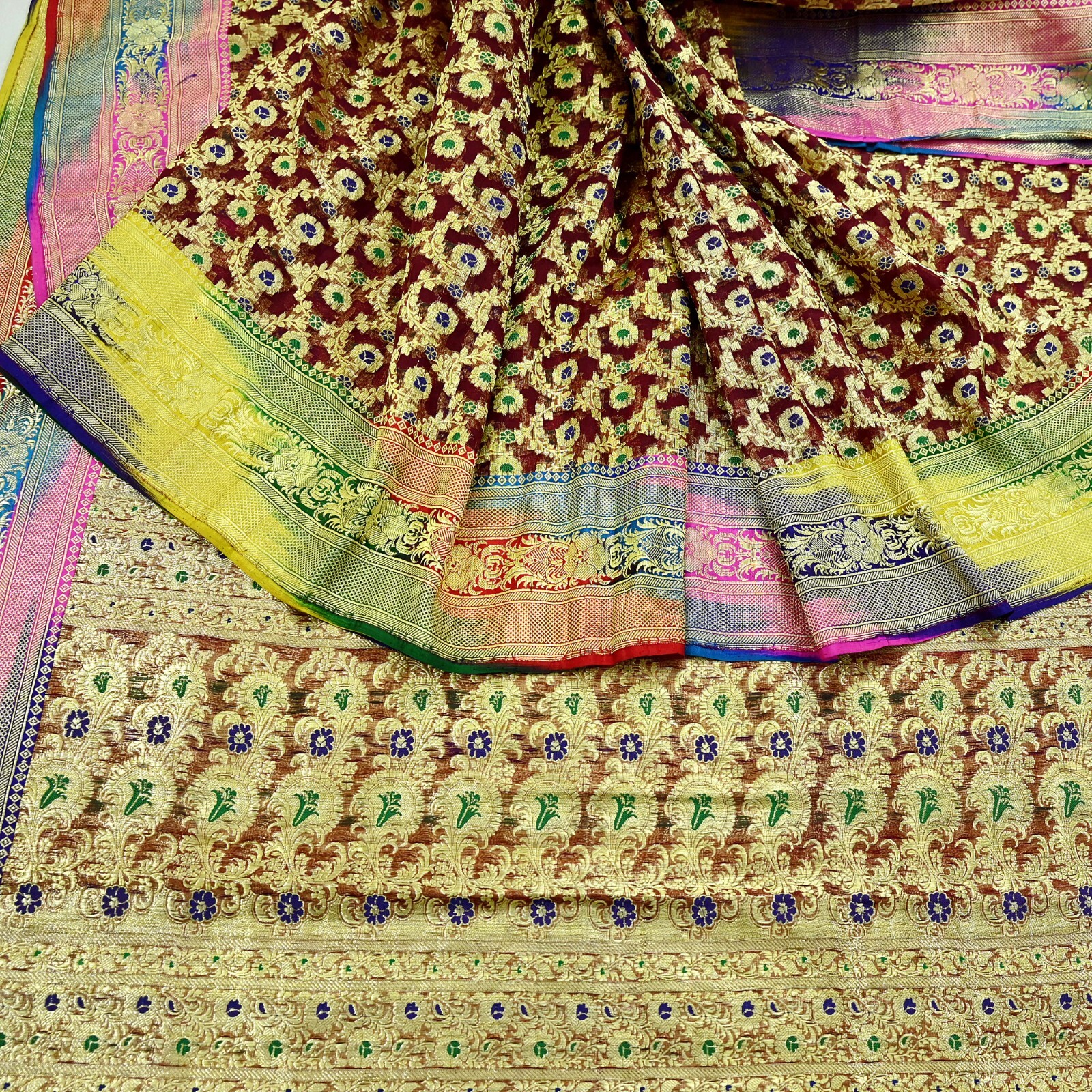Vintage Sari Heavy Maroon Pure Organza Silk Woven Brocade Banarasi Sarees Zari