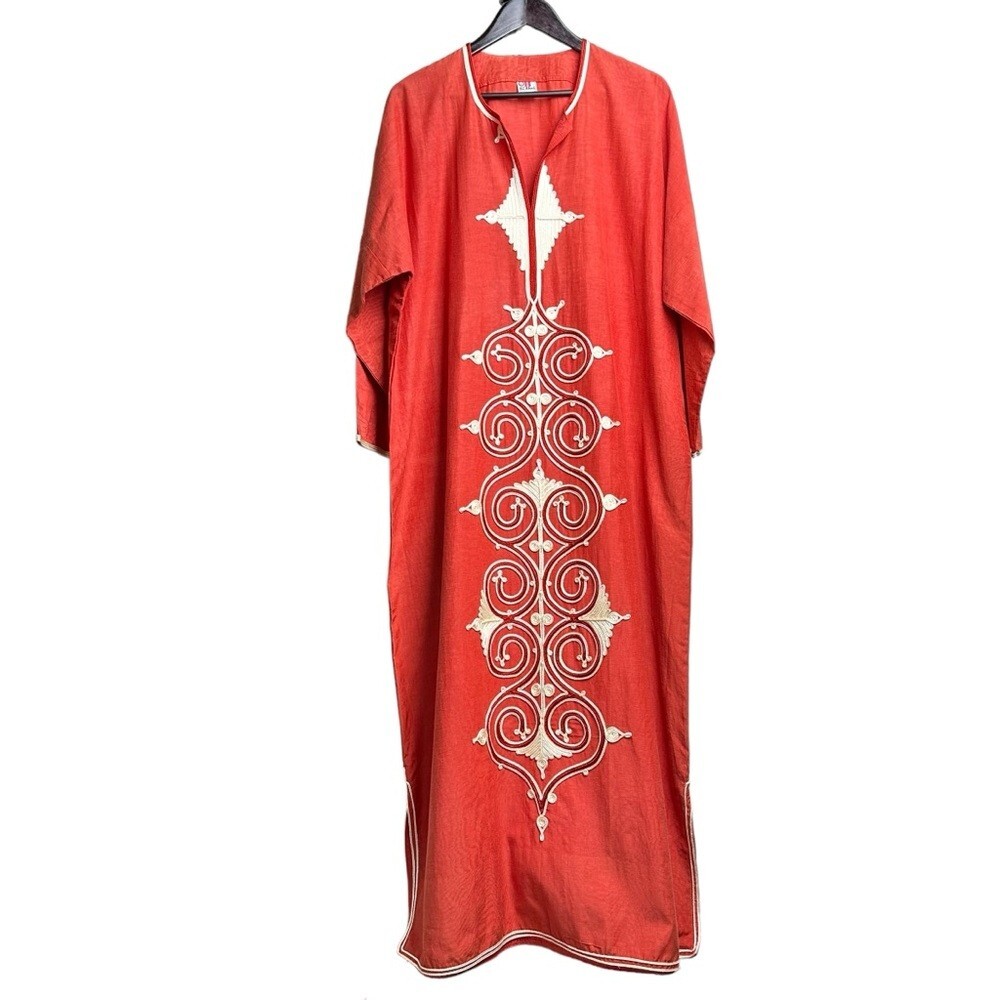 El Abadi Size XL Kaftan Brick Red Ornate Embroidered Cotton Tunic Desert Prayer