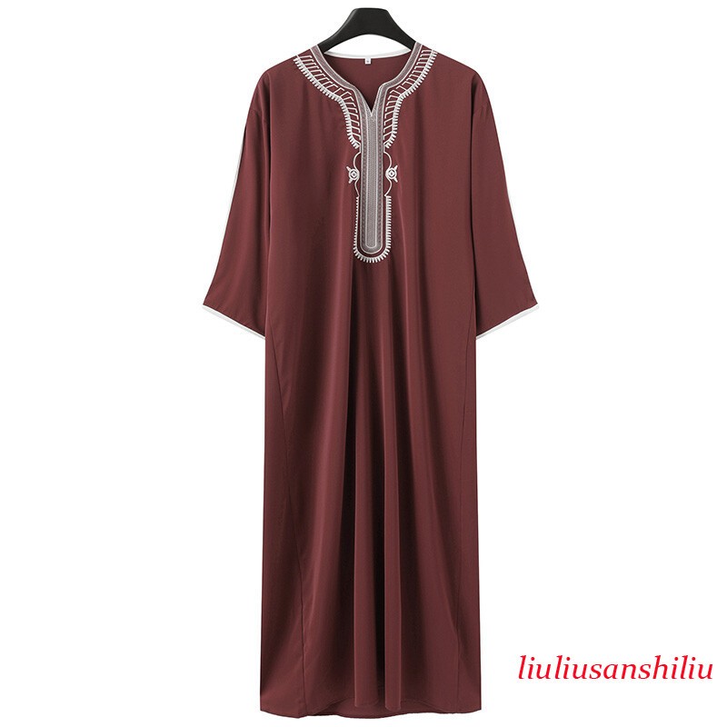 Muslim Men’s Black Robe Short Sleeves Embroidered Arabic Ethnic Style Clothes 1x