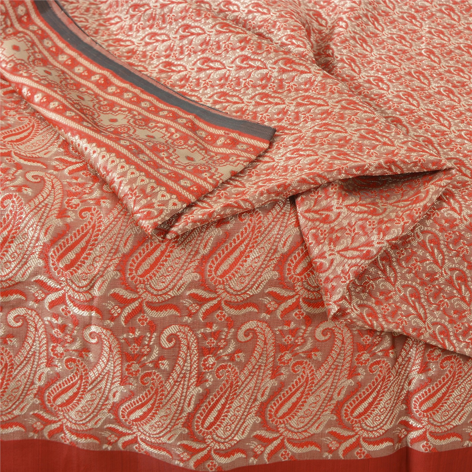 Sanskriti Vintage Red Sarees Blend Silk Brocade Banarasi Woven Fabric Craft Sari