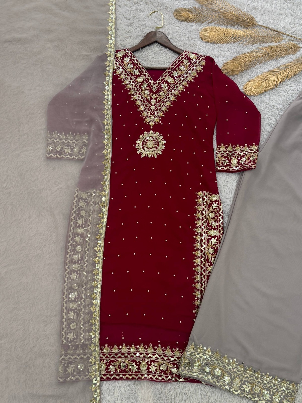 New Presenting Heavy Georgette Maroon Top Palazzo With Dupatta For Women Wear