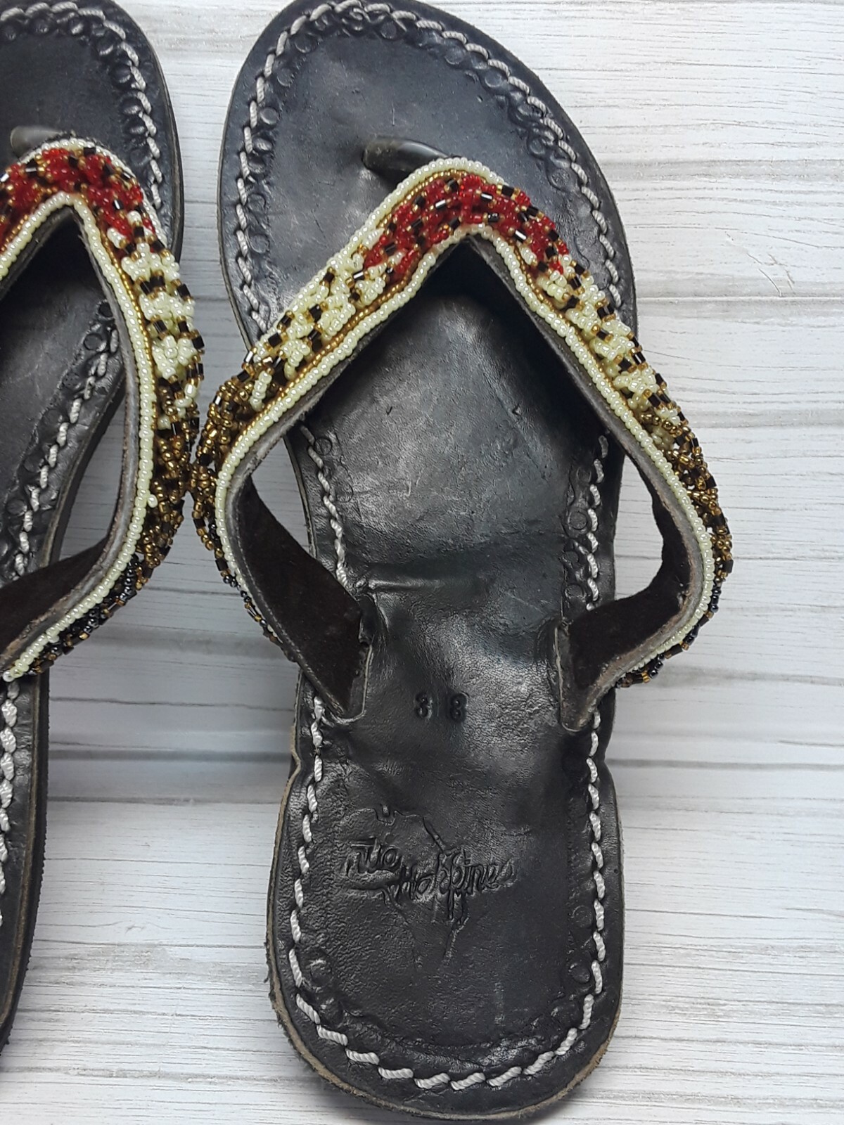 Hand Made True Happiness Native American Leather Beaded Sandals Flip Flops 38