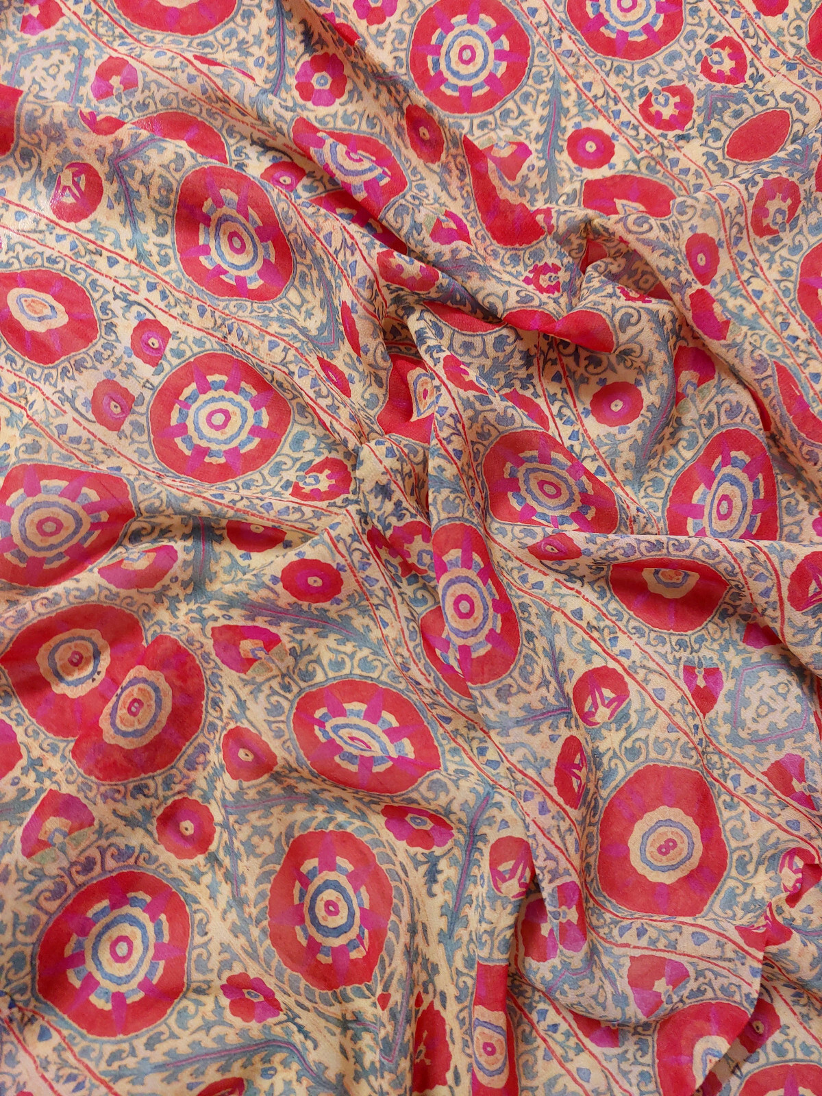 Vintage Indian Chiffon Silk Dupatta | Geometric Print Ethnic Scarf | Sheer Light