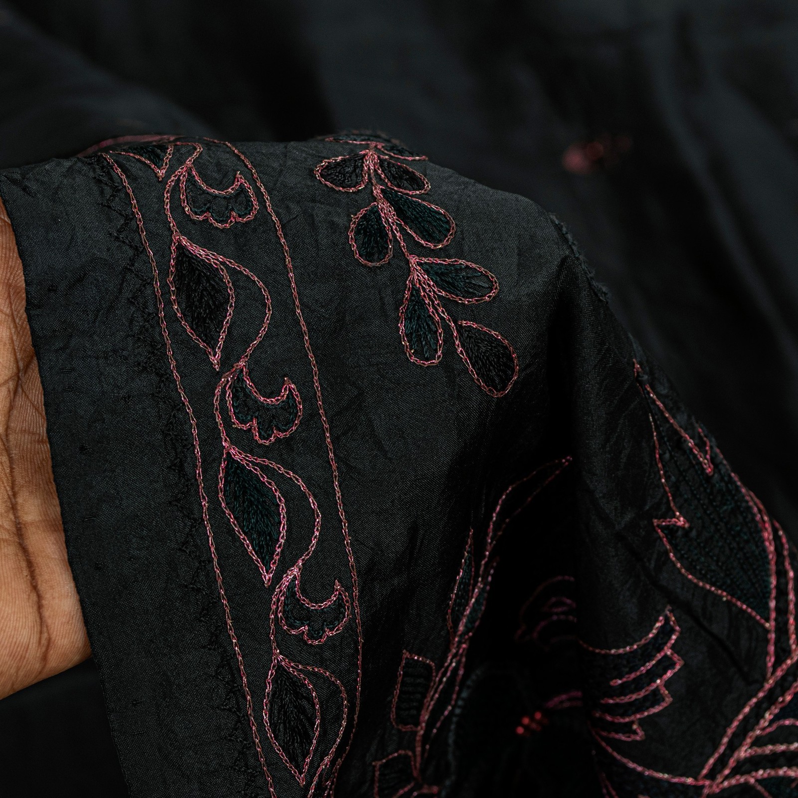 Sanskriti Vintage Black Pure Silk Saree Peacock Embroidery Beaded 5.5+Yd Fabric
