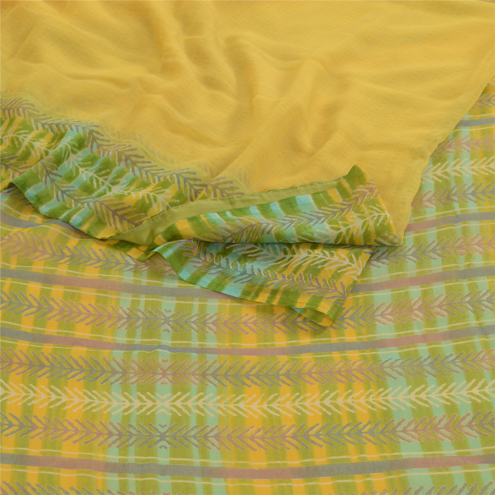 Sanskriti Vintage Yellow Indian Sari Leaf Printed Georgette Sarees Craft Fabric