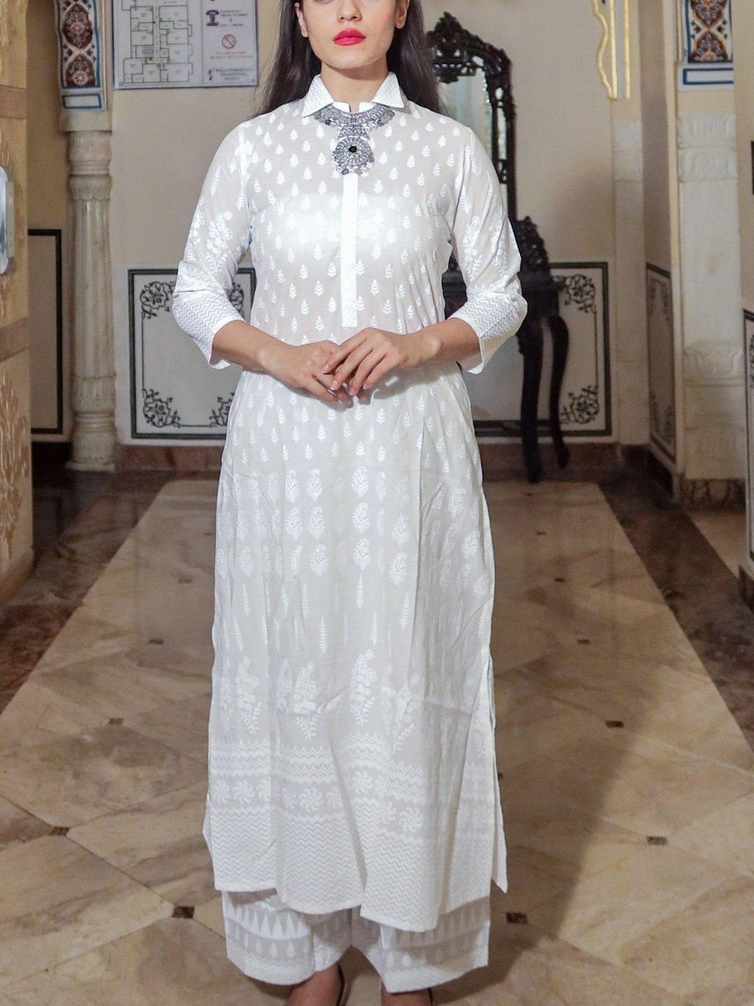 White Khari Print Cotton Kurti with Palazzo Set for Women Ethnic Wear Plus Size