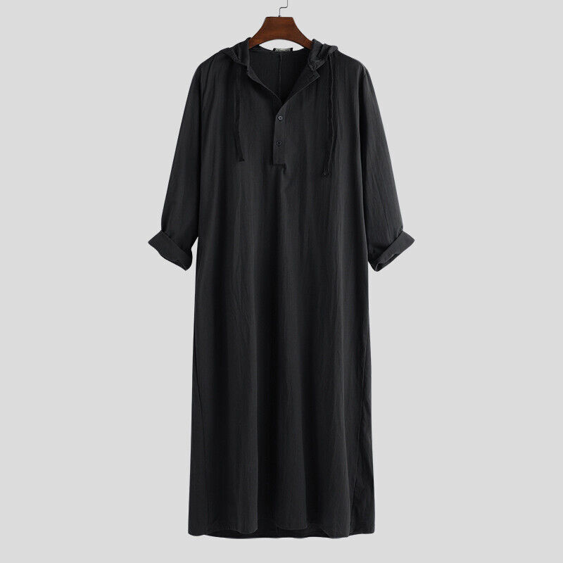 Arab Loose Gown Mens Long Sleeve Thobe Kaftan Casual Hooded Robe Muslim Oversize