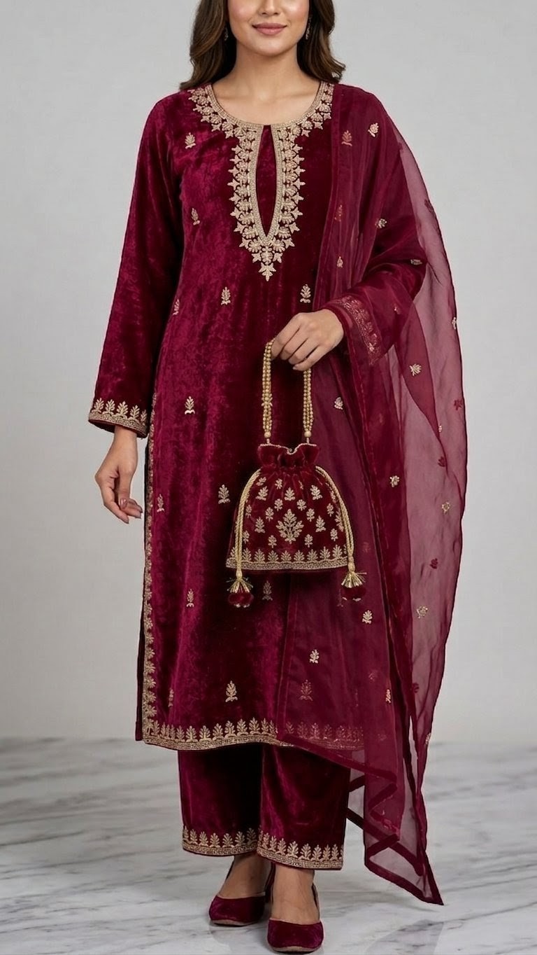 Custom Velvet Hand Embroidered Salwar Suit Set With Free Potli Bag | Luxury…