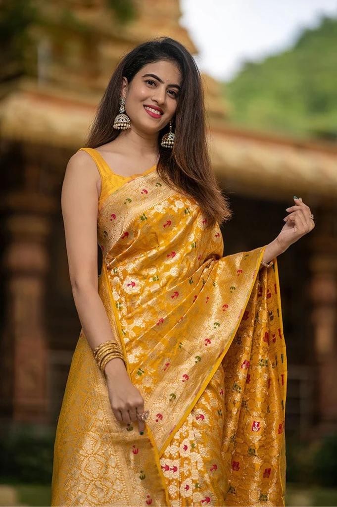 Women Yellow Soft Banarasi Silk Saree Zari Work With Blouse Piece