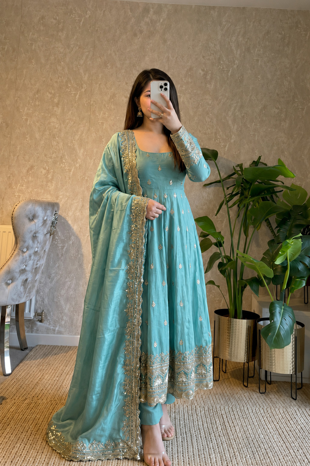 Aqua Blue Fendy Silk Ready Made Anarkali Suit Heavy Embroidery Salwar Kameez XL