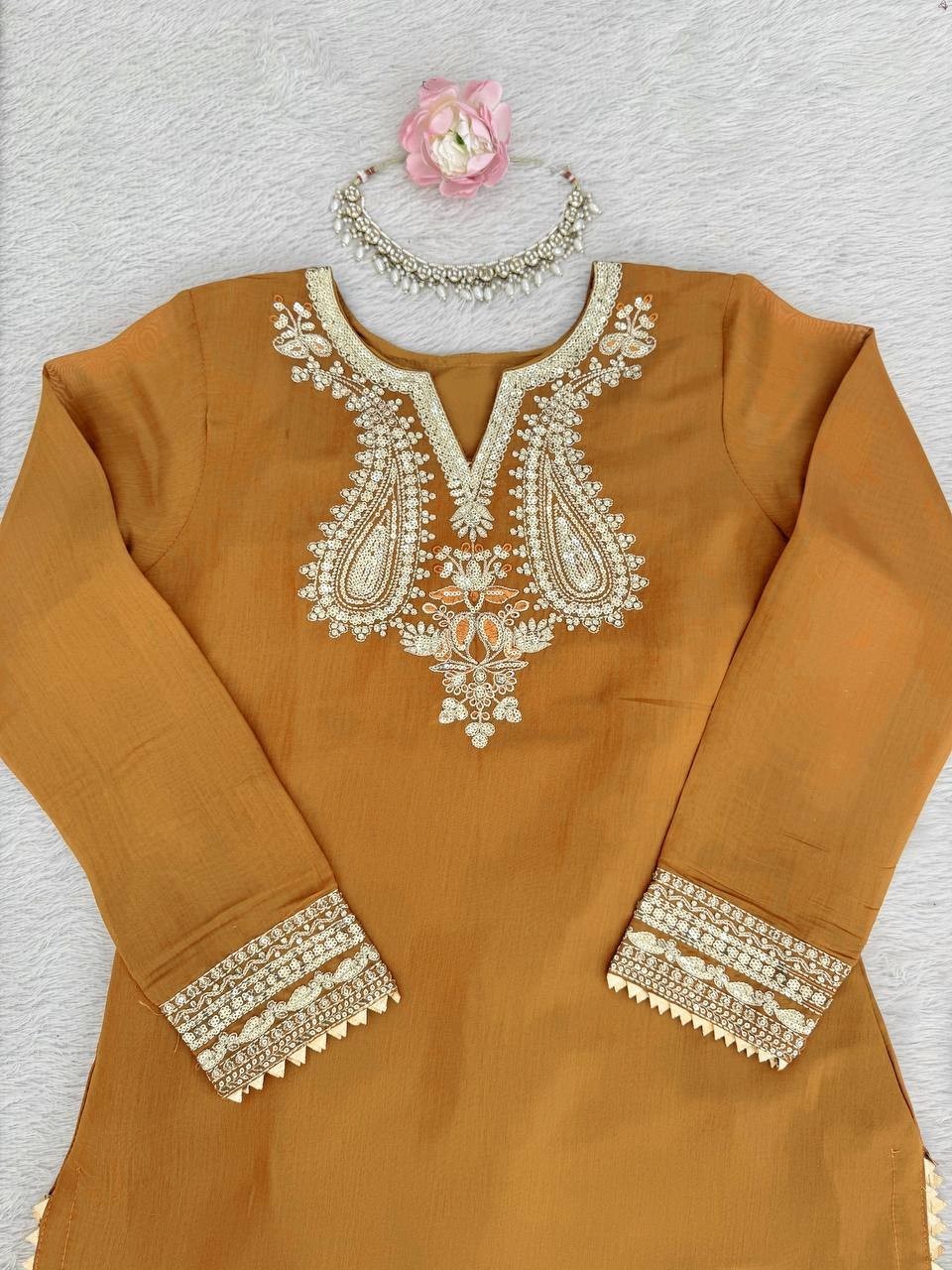 New Launch Mul Chanderi Mustard Yellow Kurta Palazzo With Dupatta For Functional