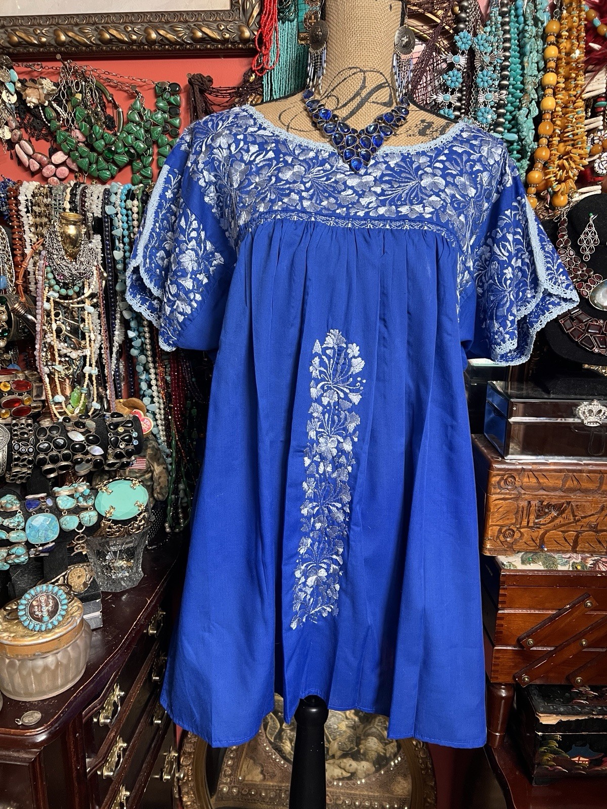 BEAUTIFUL El INTERIOR MEXICAN OAXACA BLUE & SILVER SILK EMBROIDERY TUNIC XL