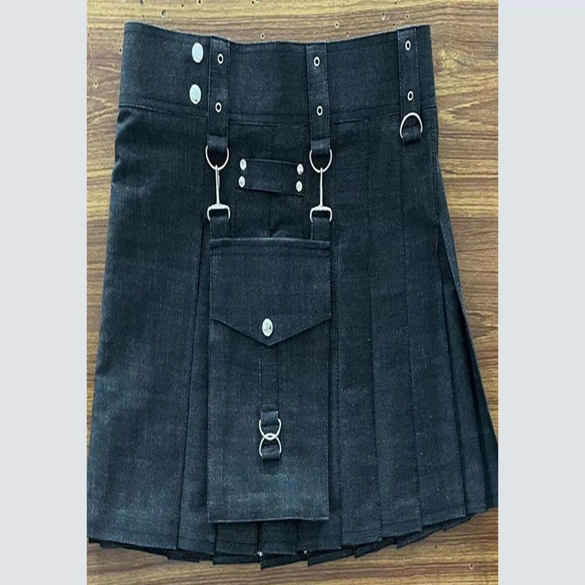 Men’s Handmade Scottish Black Denim Kilt Utility Kilt Delux Kilt Custom Size-