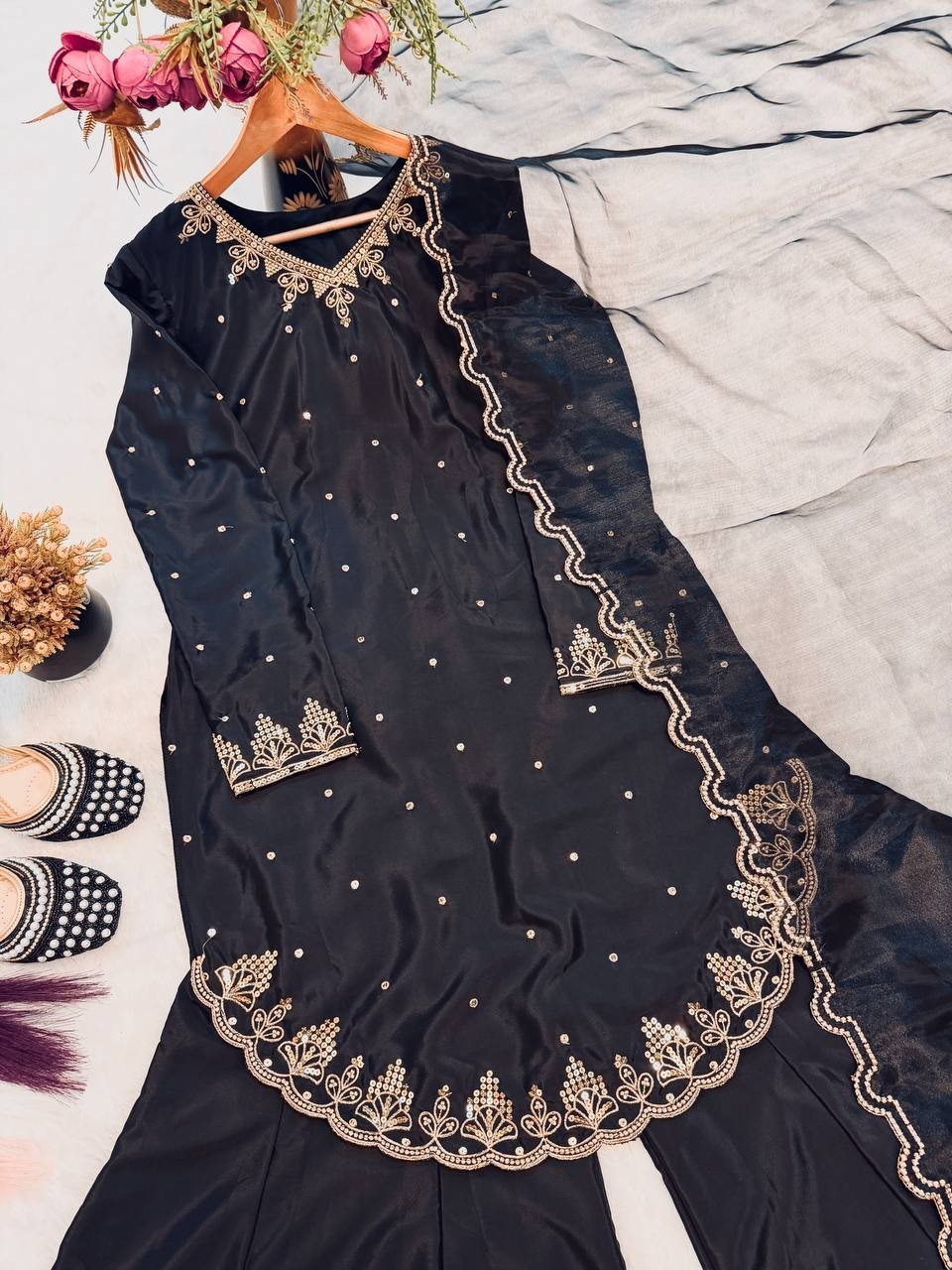 Designer Natural Crepe Silk Black Top Palazzo With Dupatta For Women And Girls