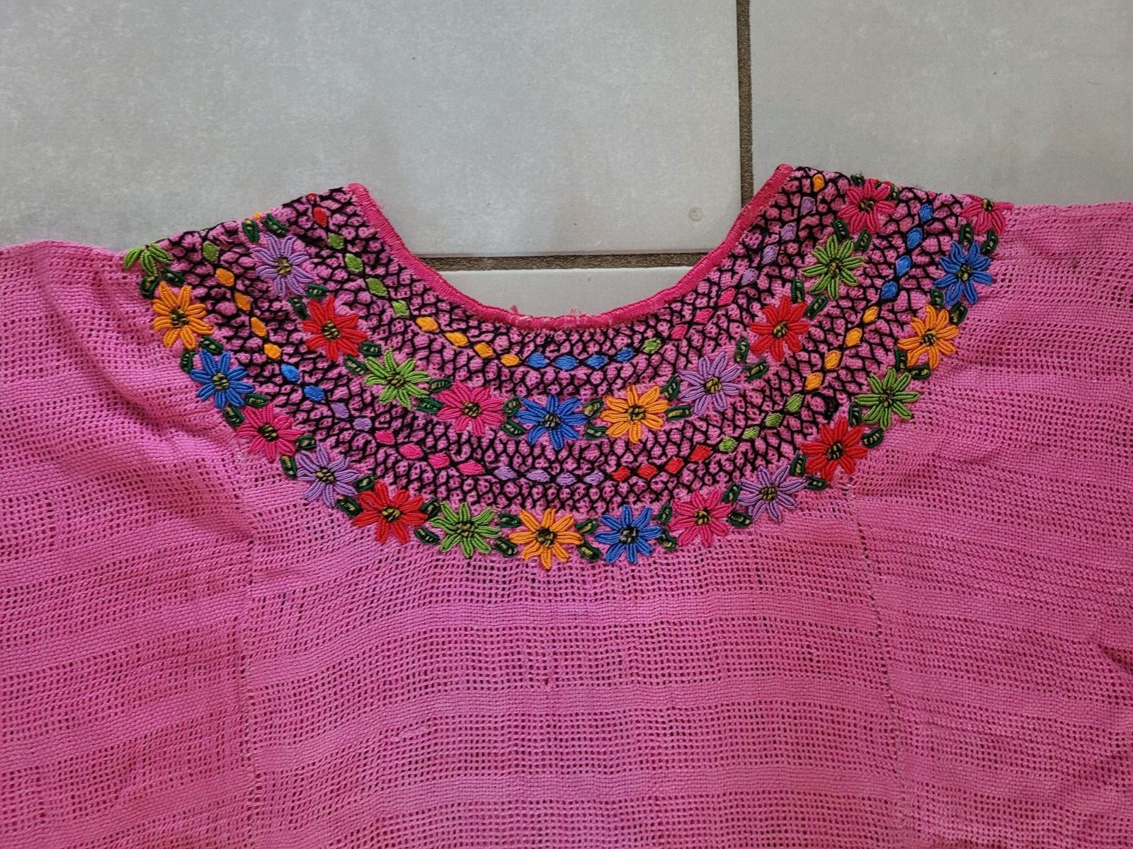 Pink Blusa Top Blouse Shirt Hand Embroidery Embroidered Yoke Mitla Oaxaca Mexico