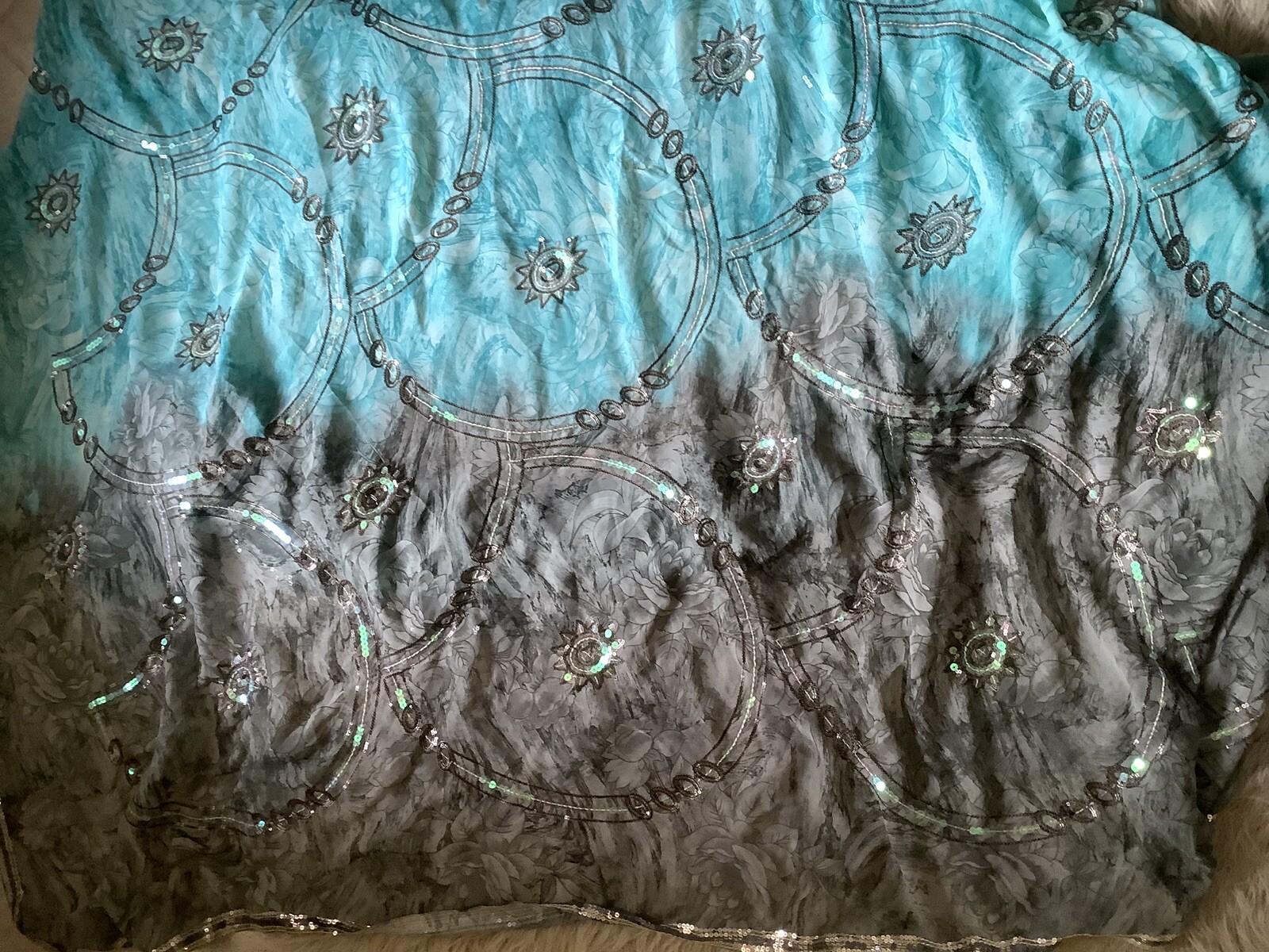 Indian Women Aqua Blue & Gray-Green Sequins Saree/Sari Wrap Dress