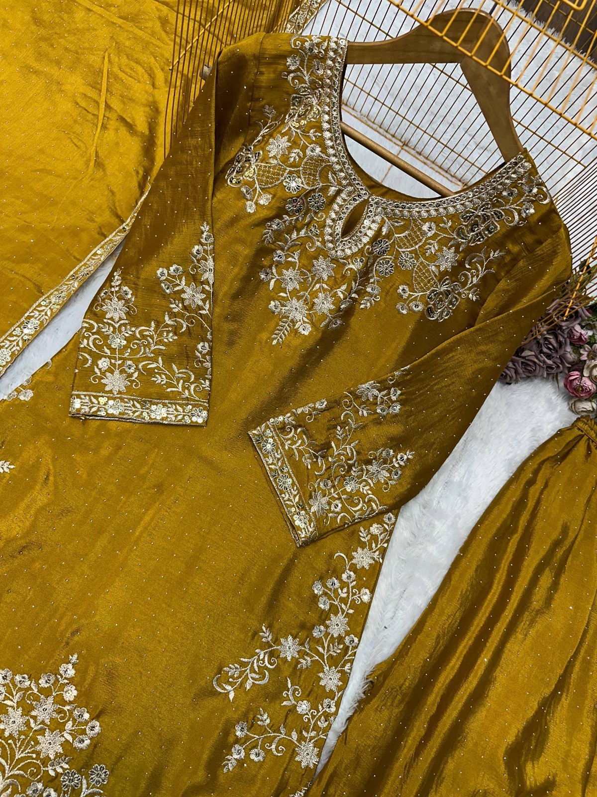 New Reception Wear Yellow Chinon Silk Kurta Palazzo With Dupatta For Women