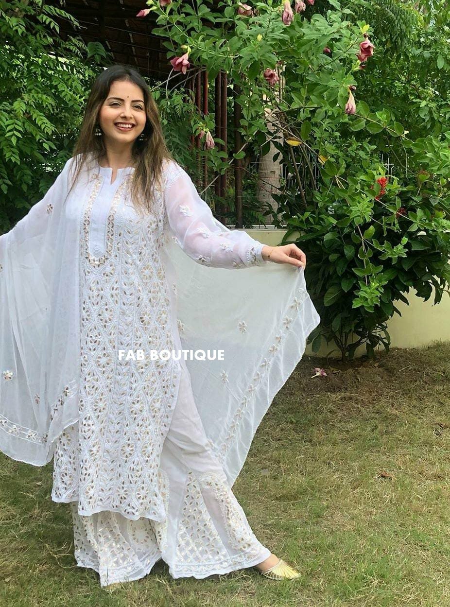 Handmade Chikankari White Georgette Gota Patti Kurta Palazzo Set With Dupatta