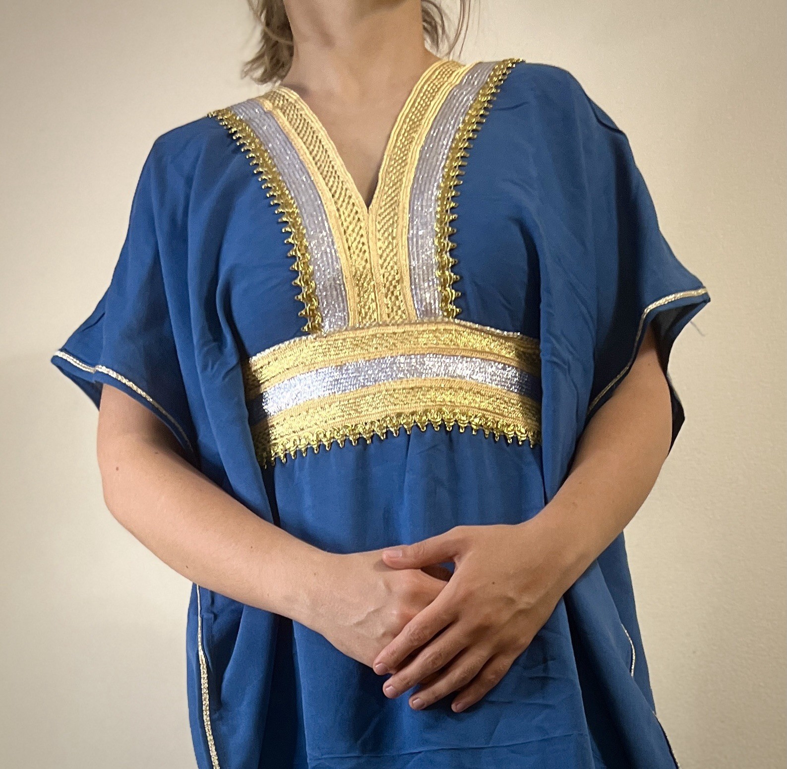 Blue Royal Indigo Moroccan Cotton Blend Kaftan Dress with Gold and Silver Trim