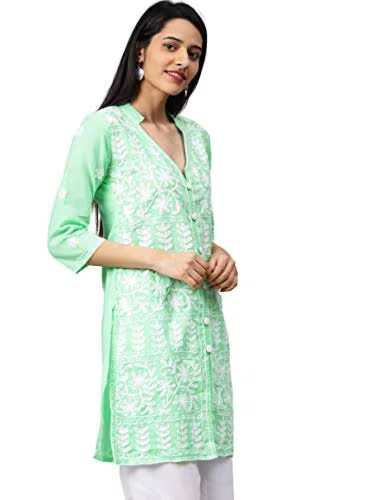 Light Green Cotton Kurti for women| Hand Embroidered Ethnic Wear