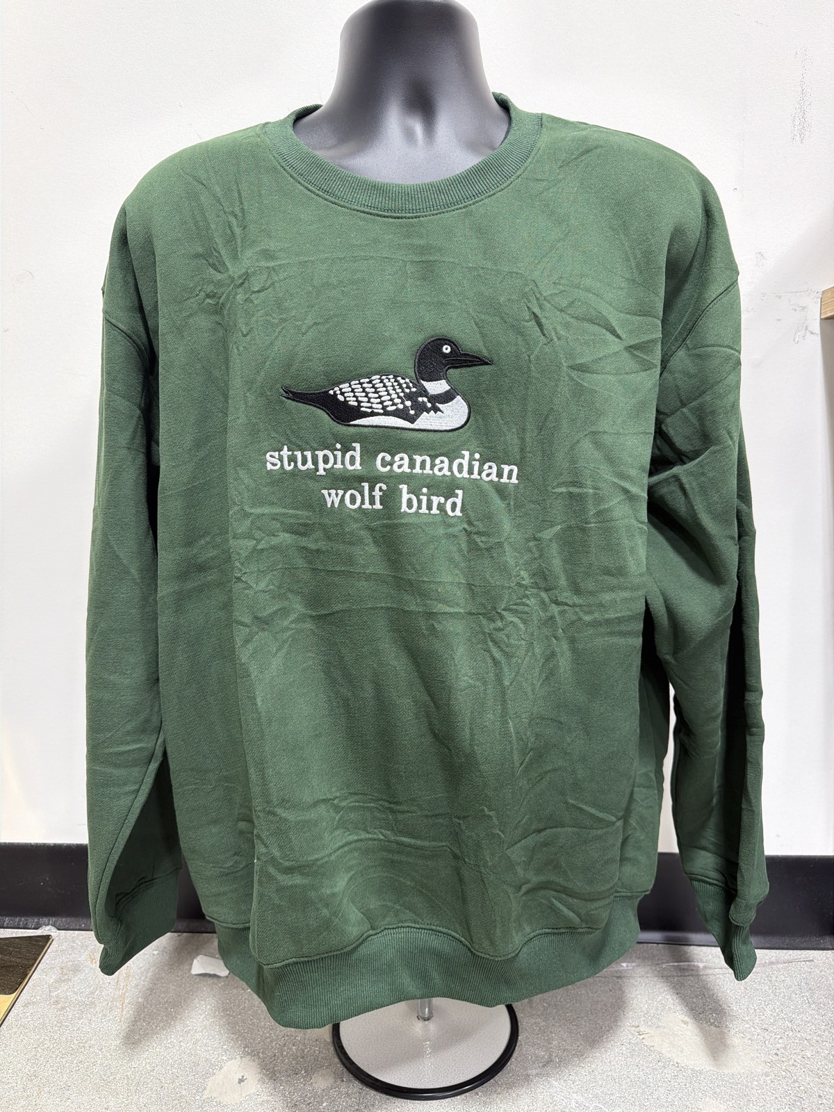Stupid Canadian Wolf Bird Loon Embroidered Green Crewneck Sweatshirt XL