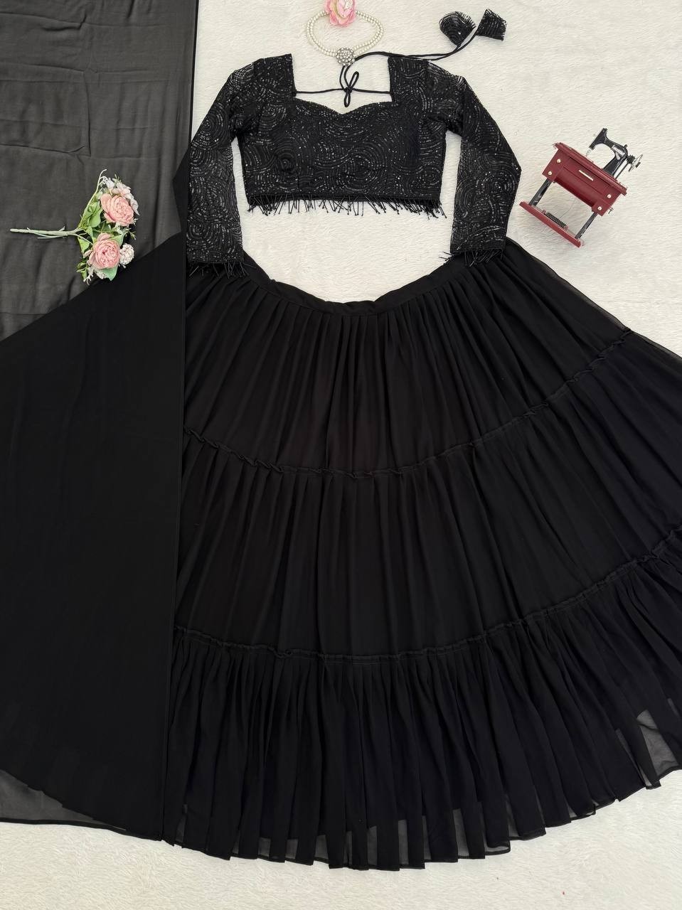 Attractive Black Faux Georgette Lehenga Choli With Dupatta For Reception Wear