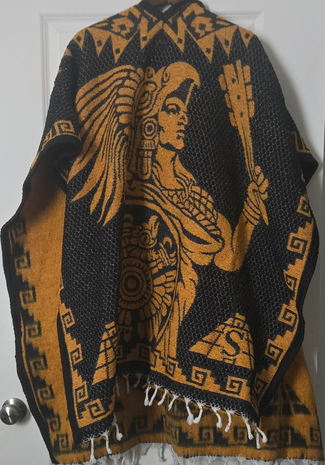 Unisex Black Aztec Woven Poncho Serape Fringe Hem Acrylic One Size