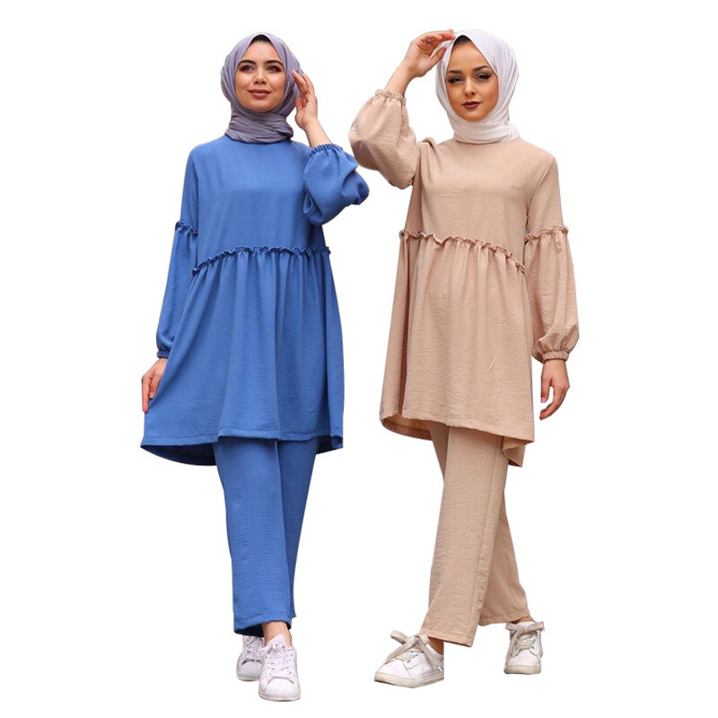 Muslim Blouse Pant Two Piece Set Women Long Sleeve Robe Abaya Islamic Dress Arab