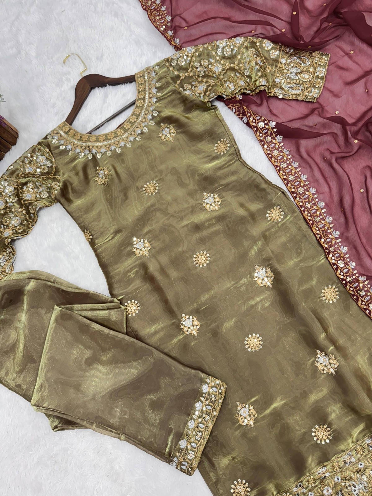 New Presenting Heavy Silk Olive Green Salwar Kameez With Dupatta For Party Wear
