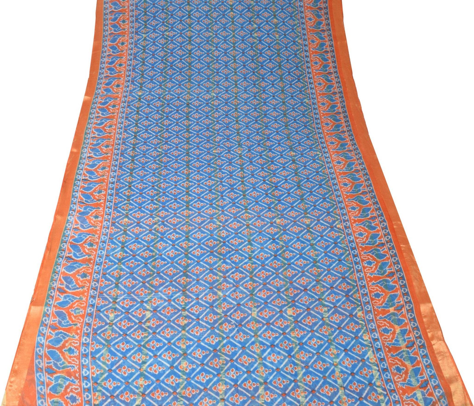 Sushila Vintage Ikat Print Saree Turquoise Blue Pure Cotton Soft Craft Fabric
