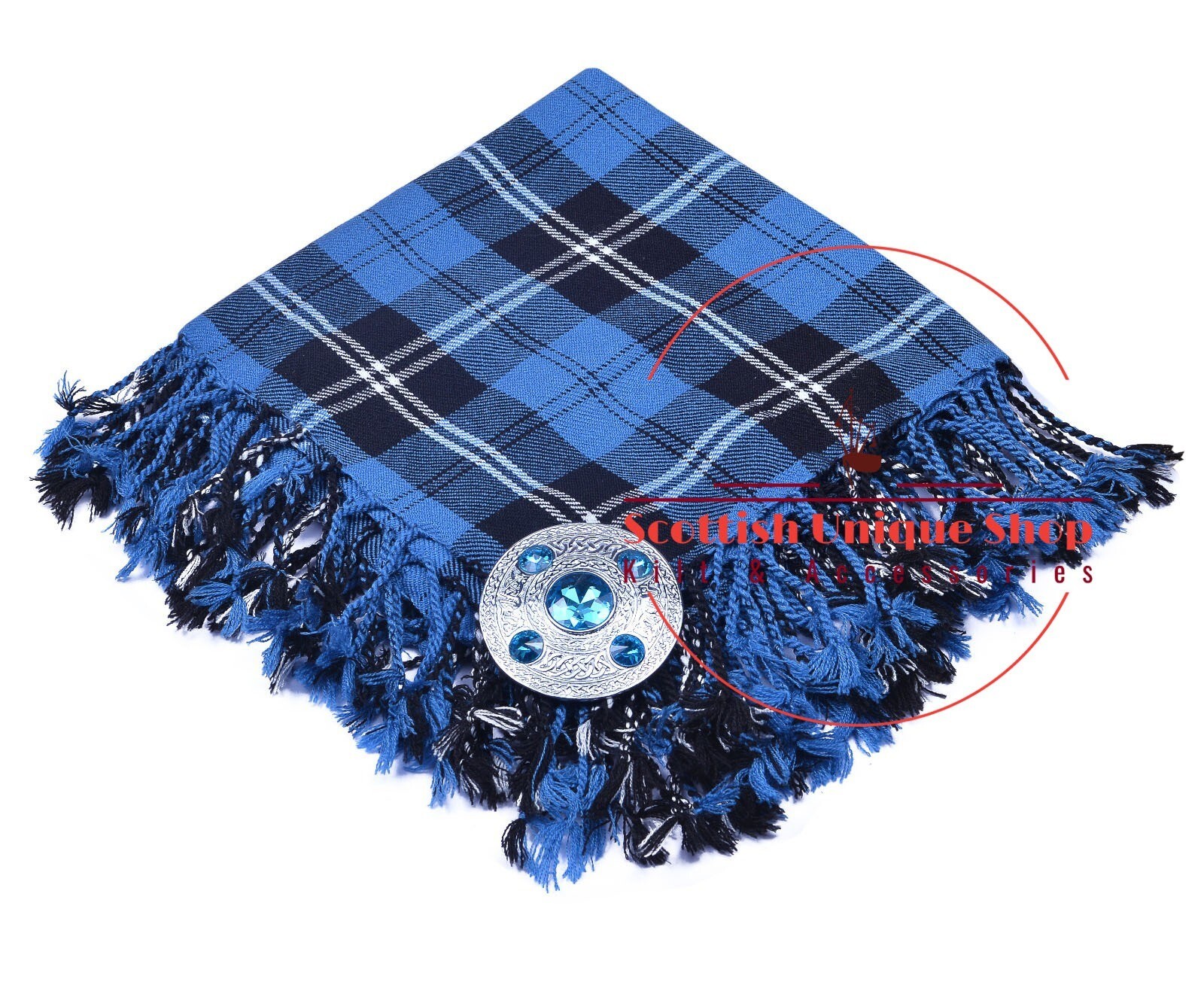 Traditional Handmade Ramsey blue tartan kilt fly plaid size (48X48) & Brooch
