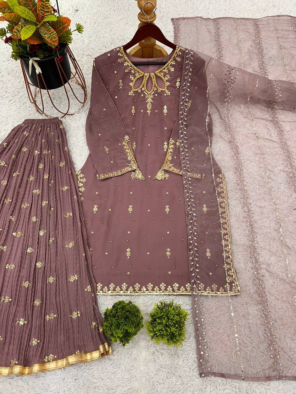 New Stylish Designer Faux Georgette Kurta Palazzo With Dupatta For Party Wear