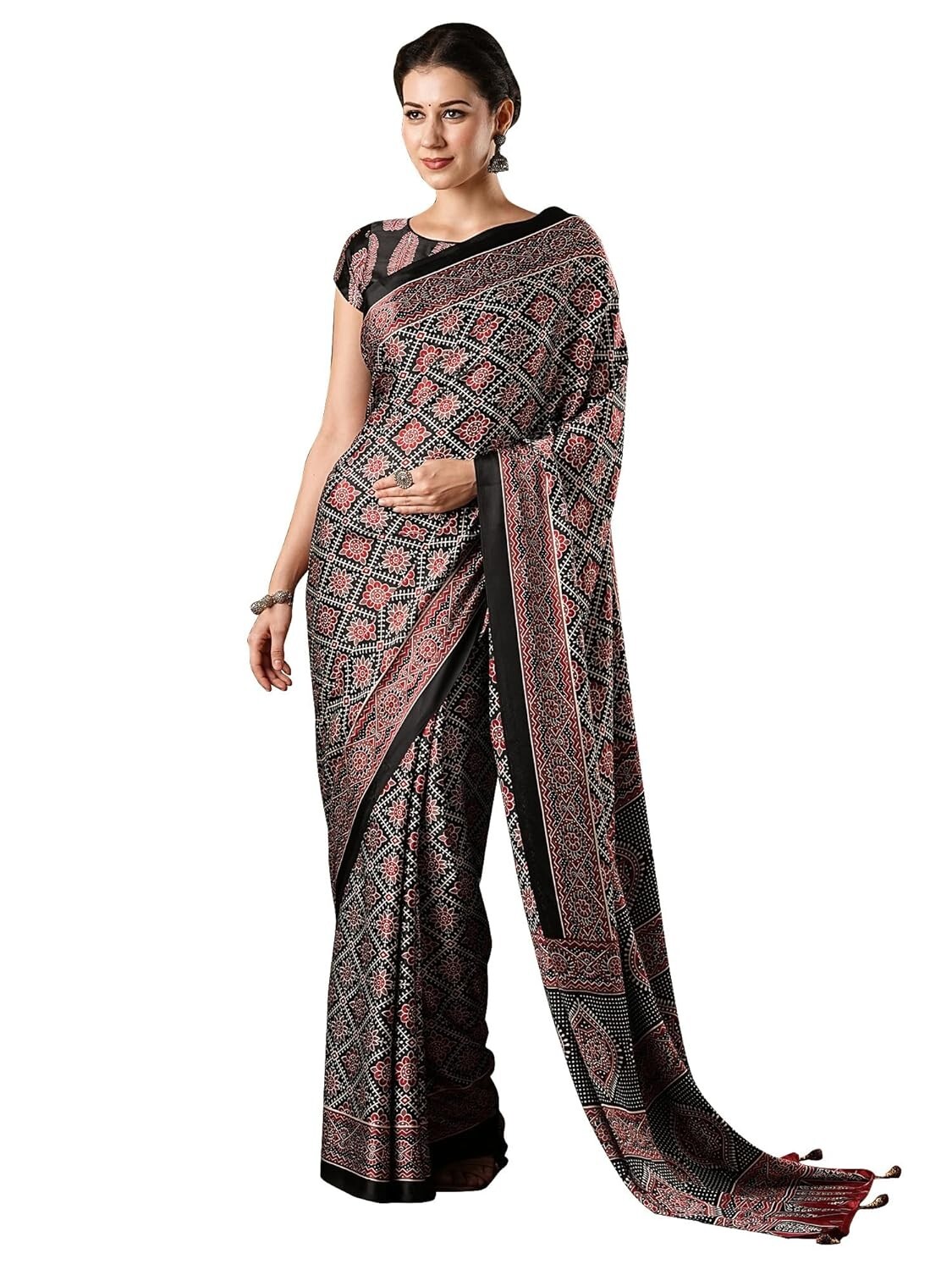 Women’s Multicolor Crepe Ajrak Printed Saree with Unstitched Blouse Piece